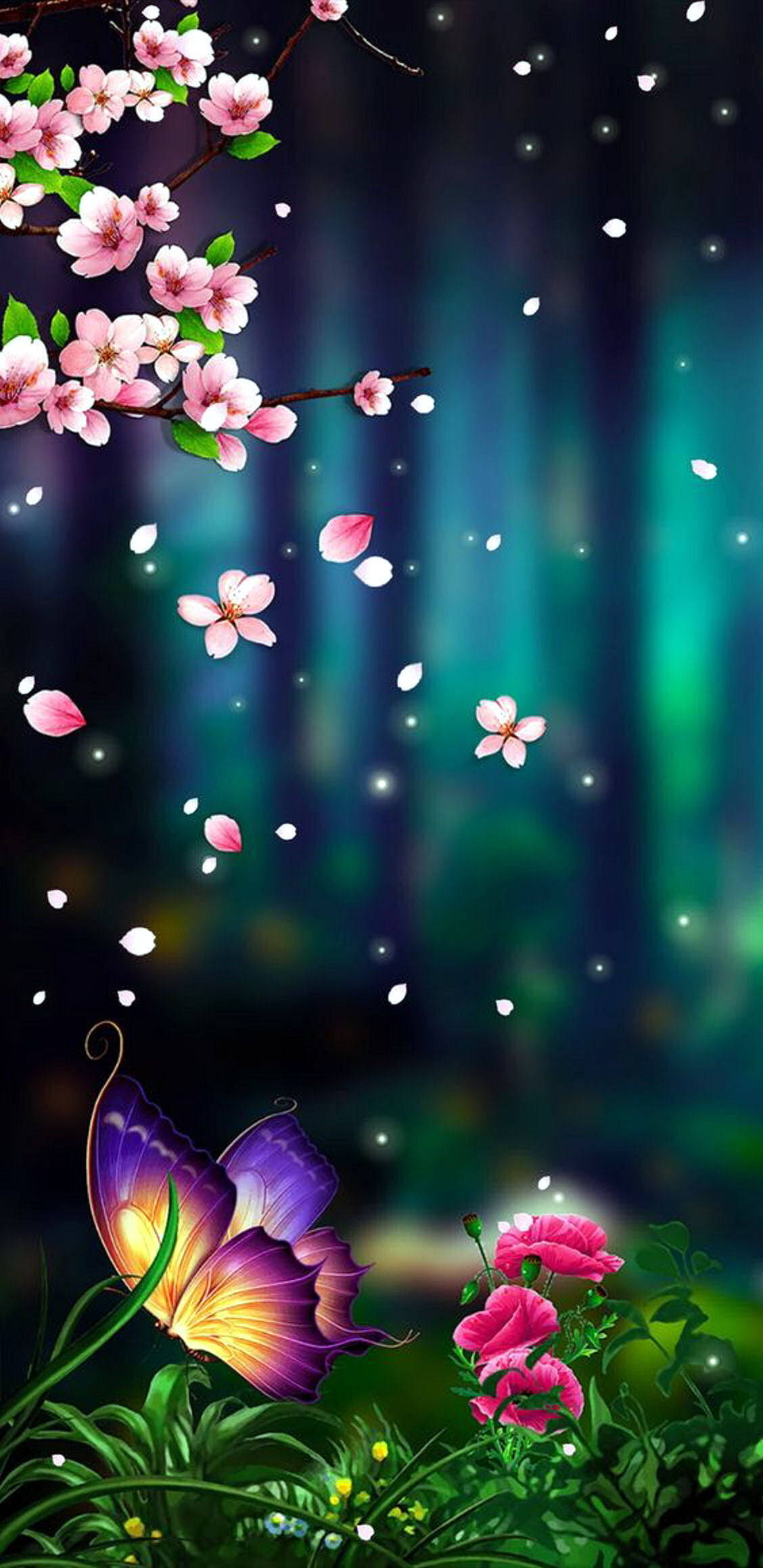 Kukat ja perhonen 3D Android-puhelin Taustakuvat