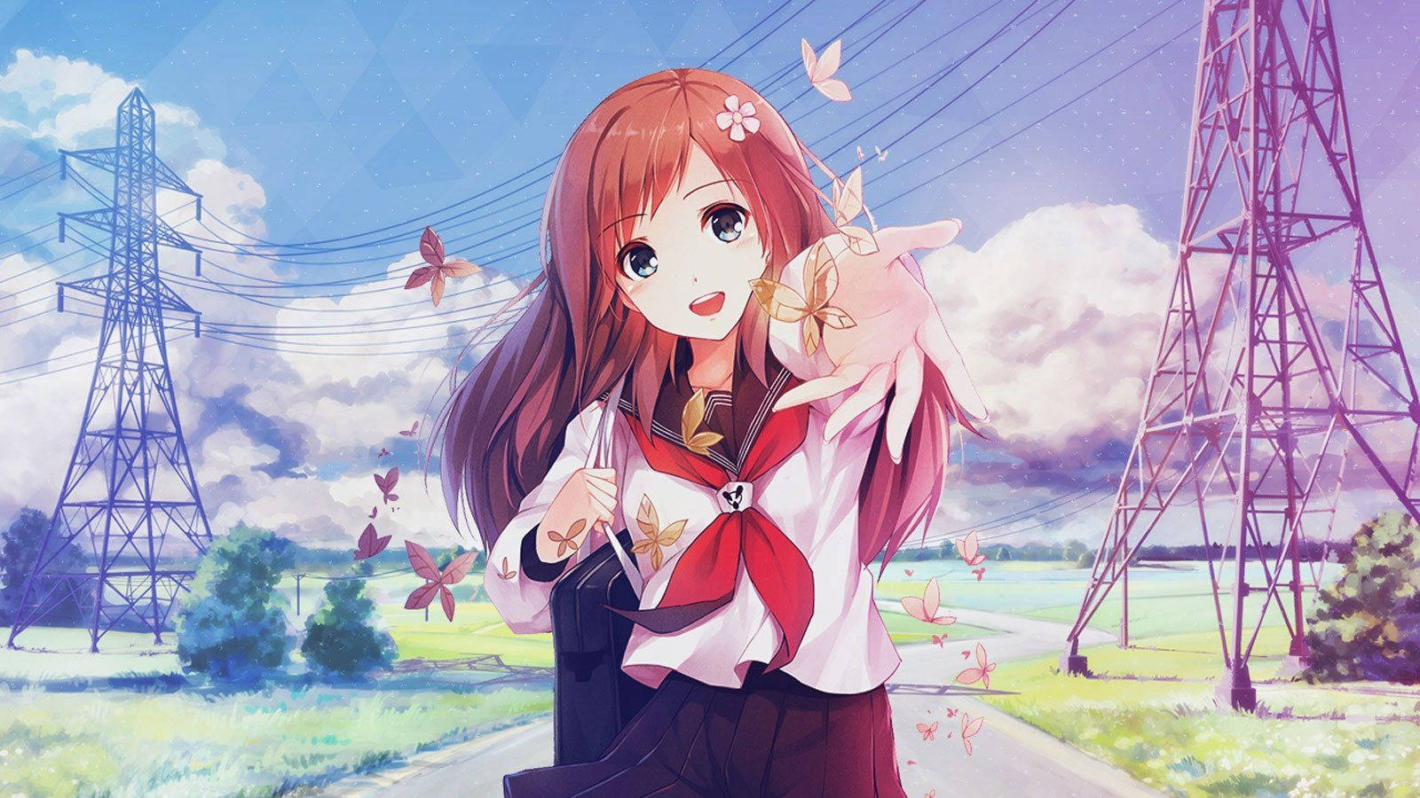 Anime-tyttö koulupuvussa ojentamassa kättään taustakuva