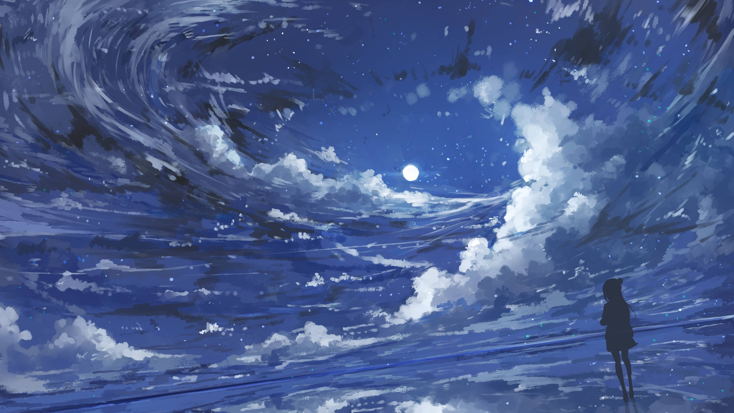 Kuun valaisema anime-tyttö pilvisellä taivaalla Taustakuvat