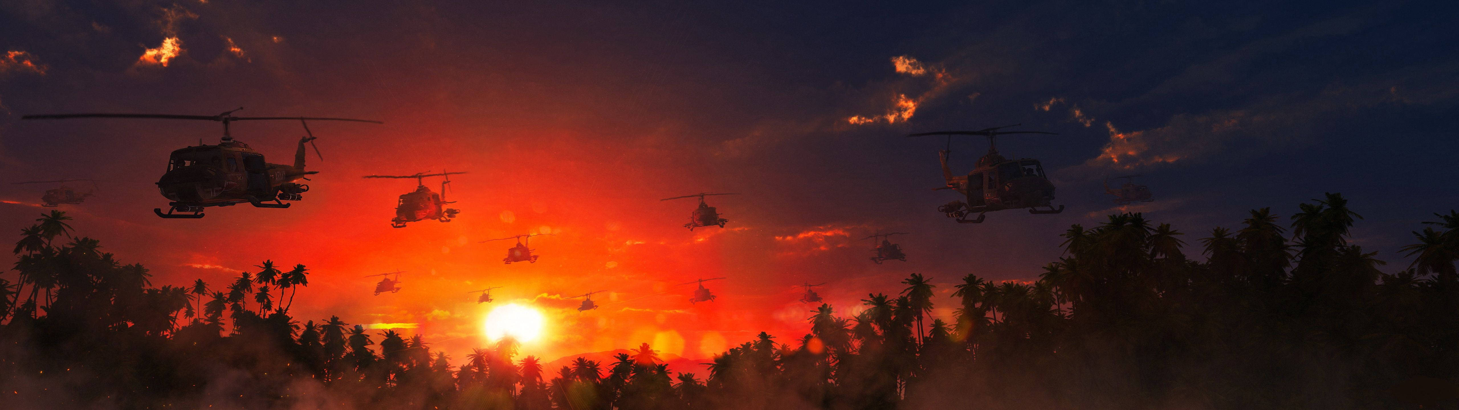 Kuva: Kaksi helikopteria auringonlaskussa Taustakuvat