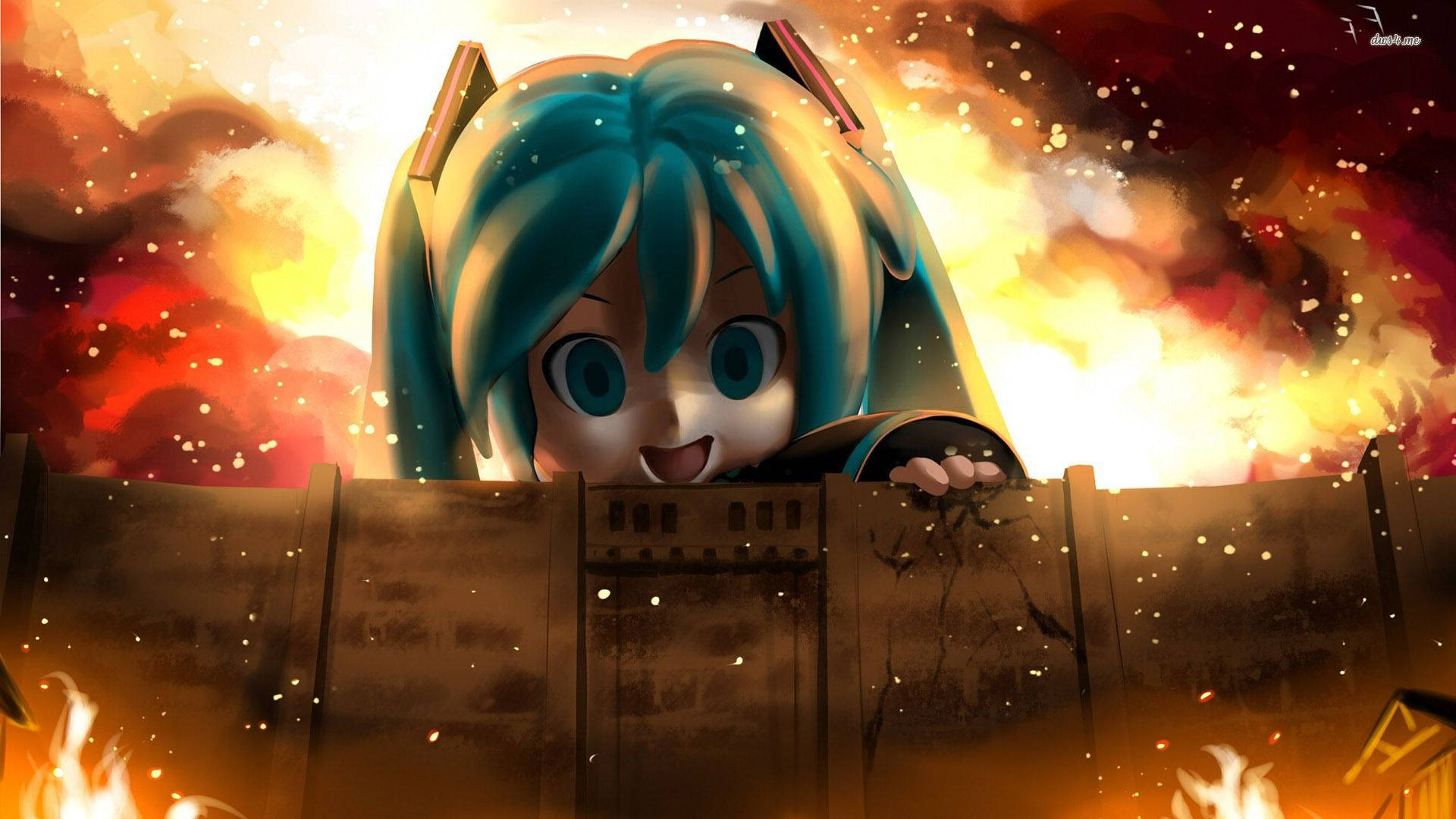 Miku Hatsune kurkistaa muurin yli jättiläistitaanina Attack on Titan -crossover-fanitaidetaustakuvassa.