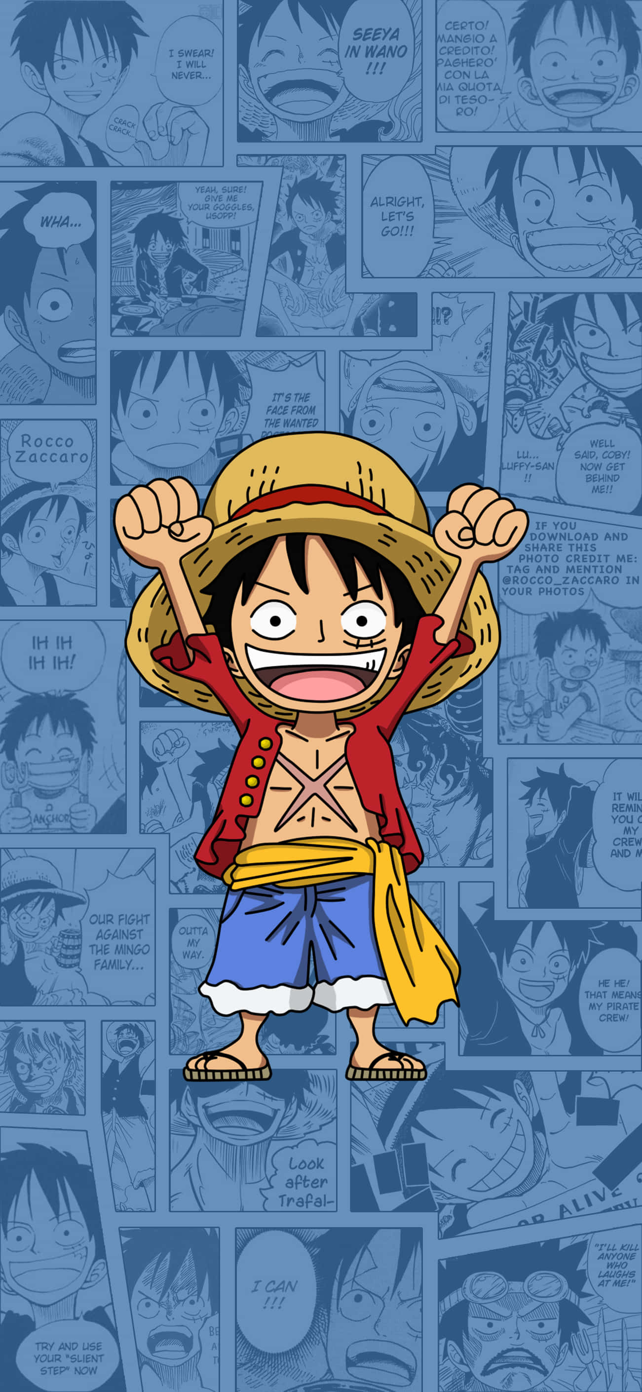 Kuvateksti: Luffyn voimakas asento Luffy-puhelimen taustakuvassa Taustakuvat