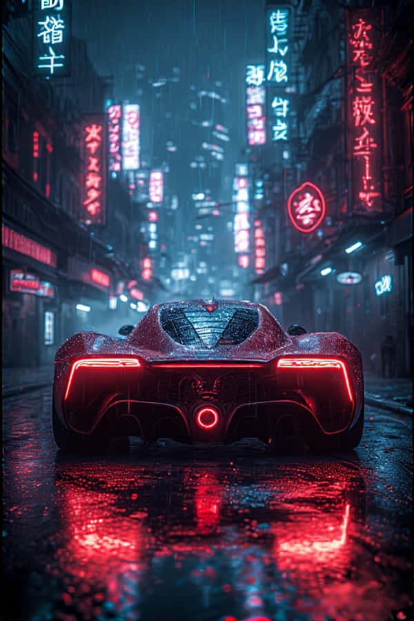 Kyberpunkkihuippuauto neonvalaisella sateisella kujalla futuristinen 4K Taustakuvat