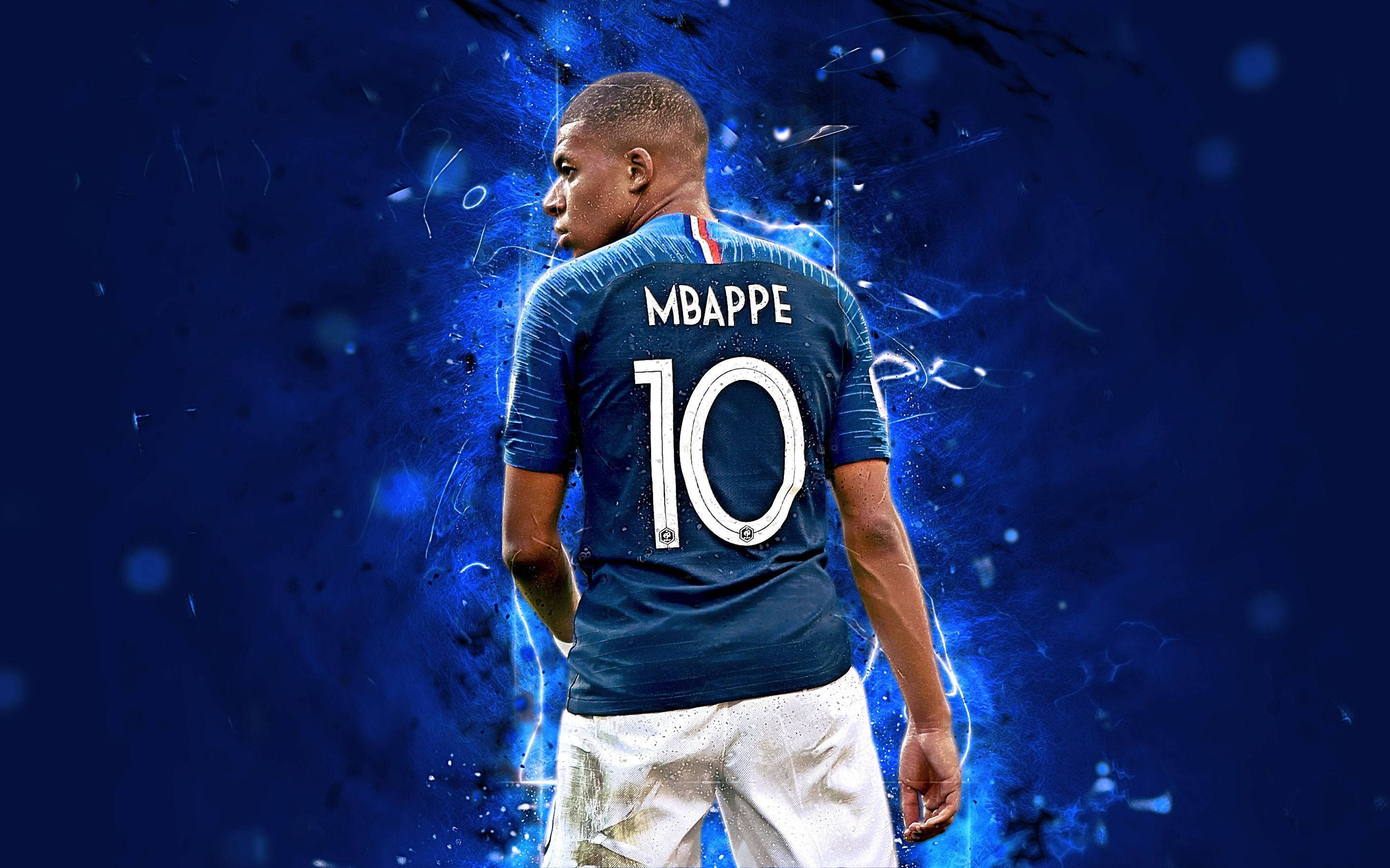 Kylian Mbappén numero 10 sininen pelipaita 4K fanitaide Taustakuvat