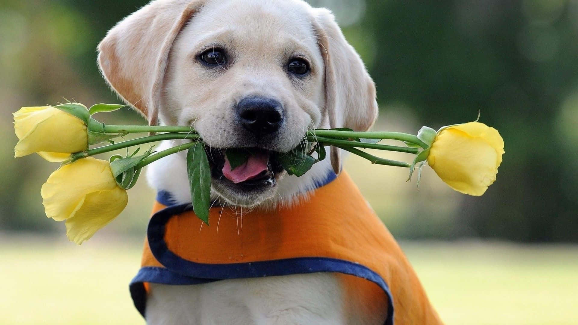 Labradorinpentu keltaisten ruusujen kanssa Taustakuvat