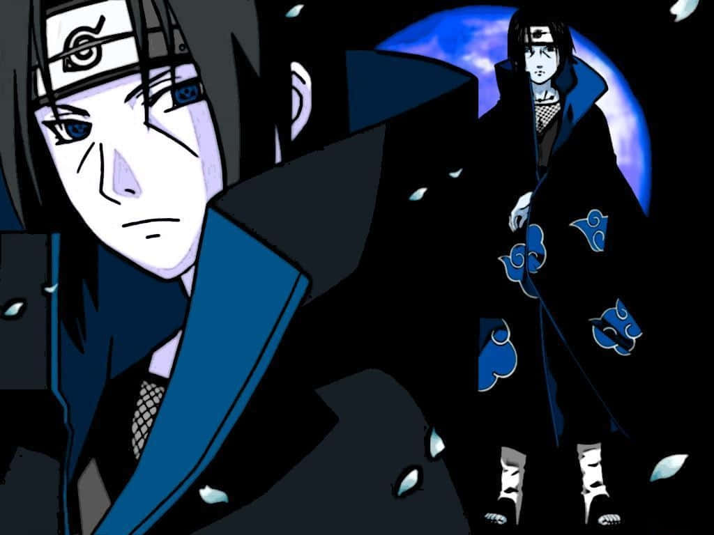 Lähikuva ja seisova Itachi -esteettinen kuva sinisillä Sharingan-silmillä ja Akatsuki-pilviviitalla Taustakuvat
