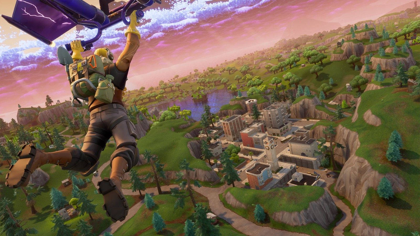 Mieshahmo liitää kohti rakennusta Fortnite-taustakuvassa