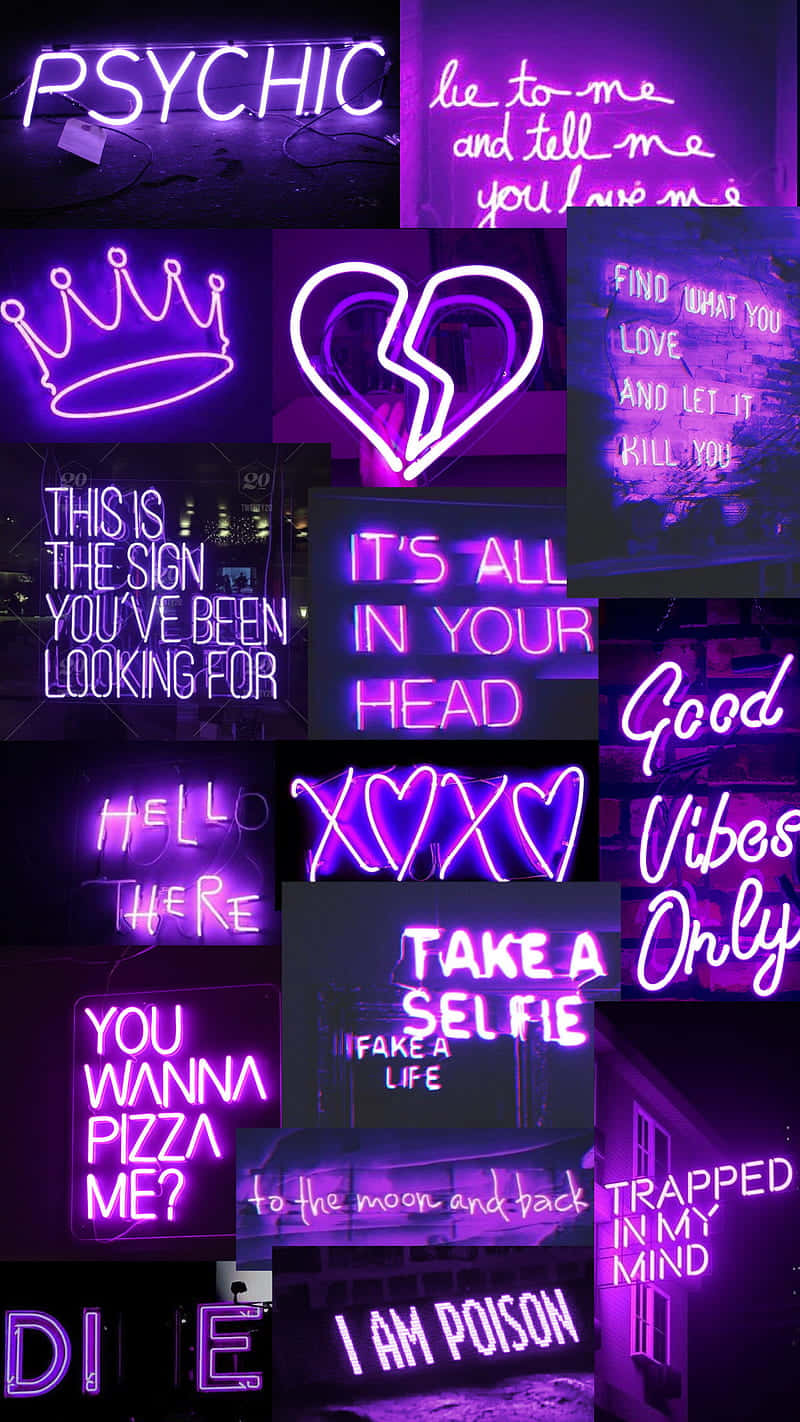 LED-valokylttien kollaasi, esteettinen violetti tausta Taustakuvat