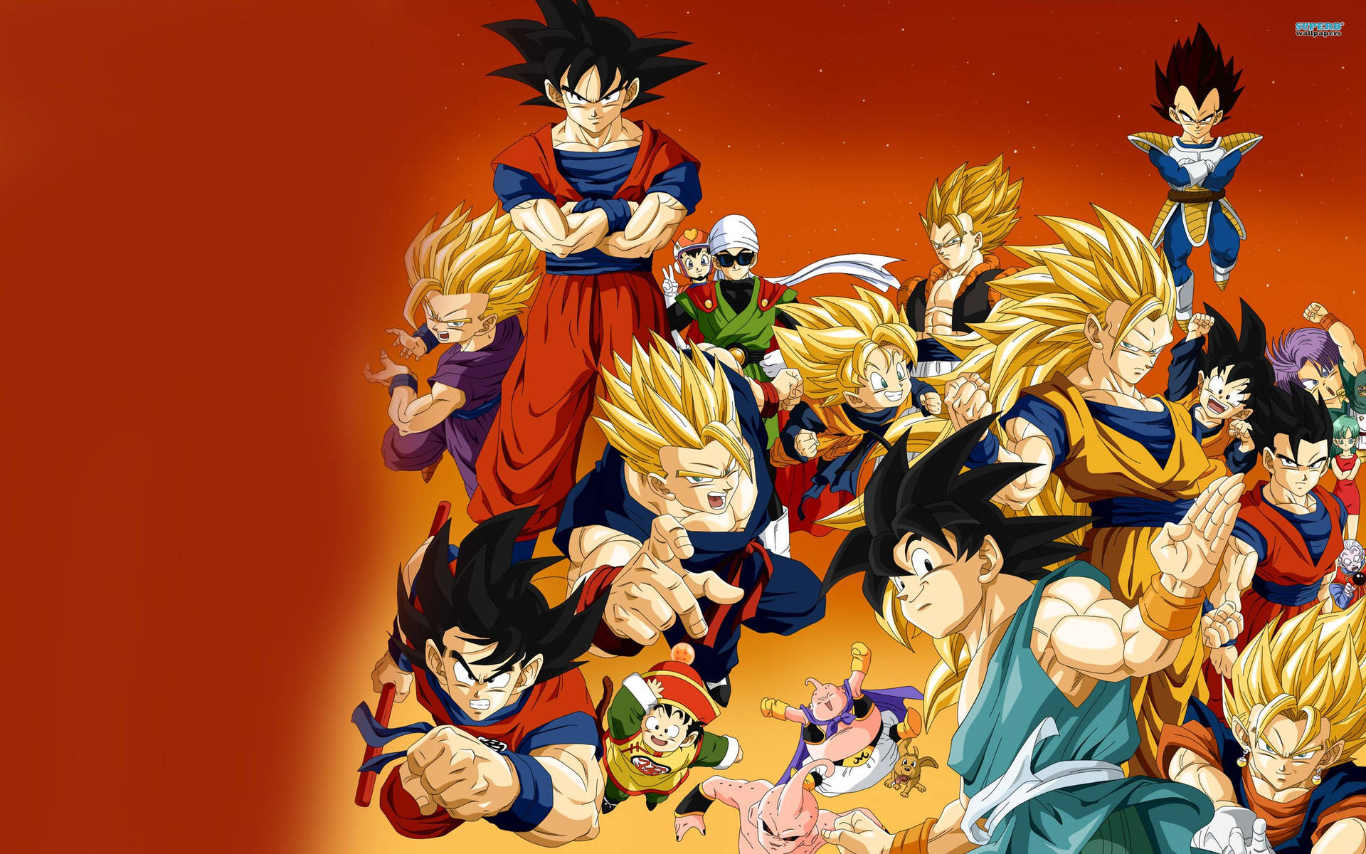 Dragon Ball Z Super Saiyanit San Goku, Vegeta, Gohan, Goten ja muita hahmoja.