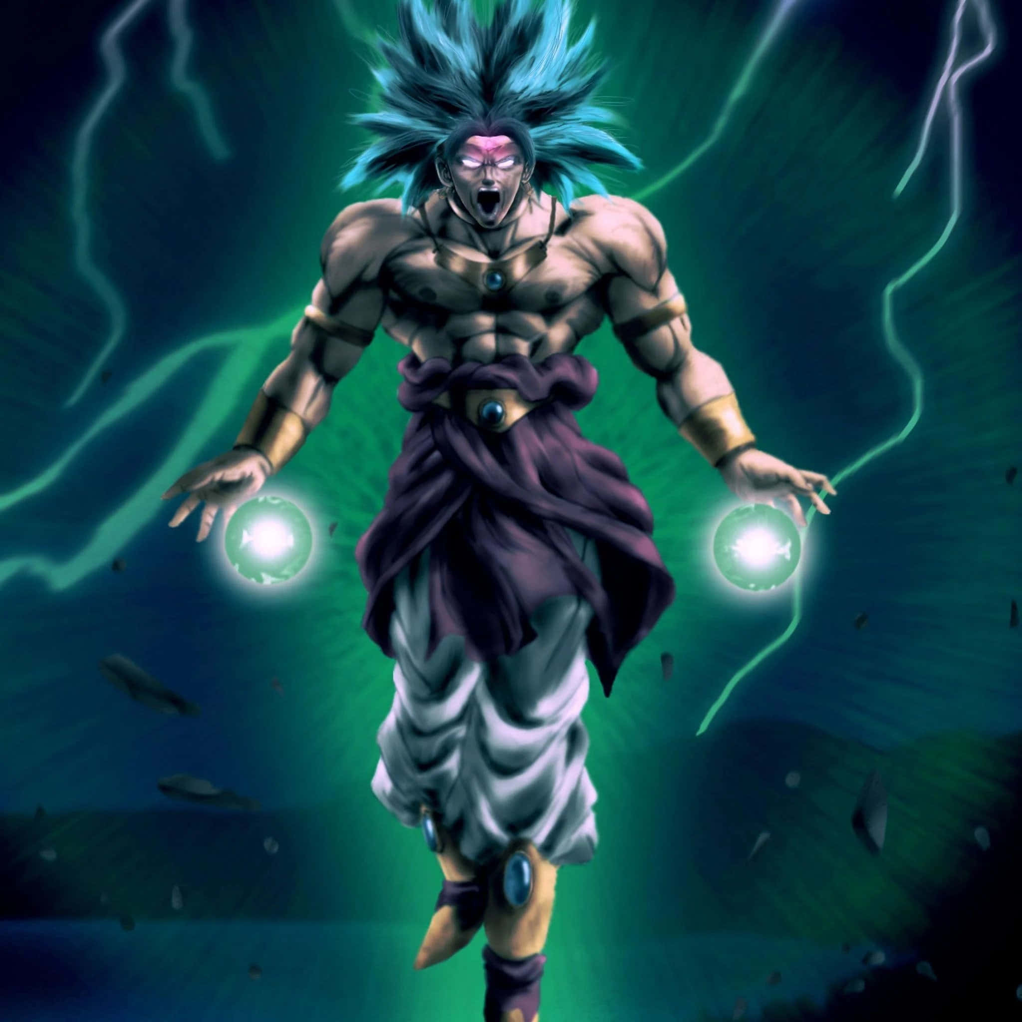 Legendaarisesta elokuvasta Dragon Ball Super Broly, vilaus Super Saiyan Blue Gokusta keskellä taistelua. Taustakuvat