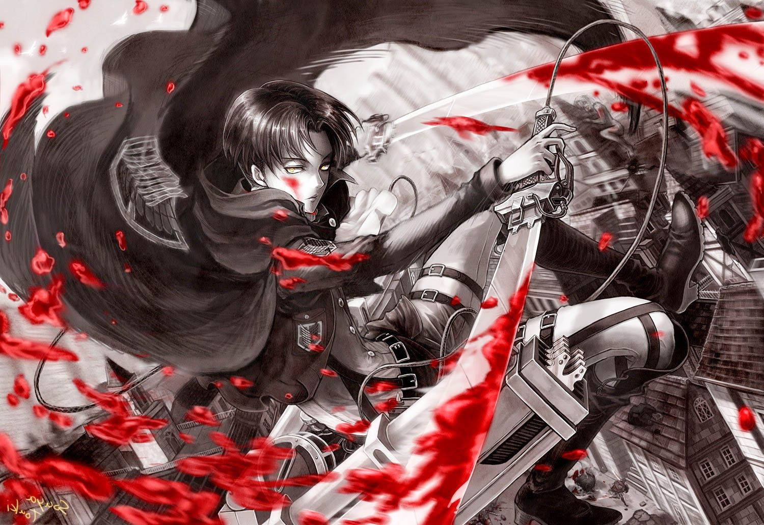 Joukkueenjohtaja Kapteeni Levi Ackerman veriroiskeisessa Attack on Titan -fanitaidetaustakuvassa.
