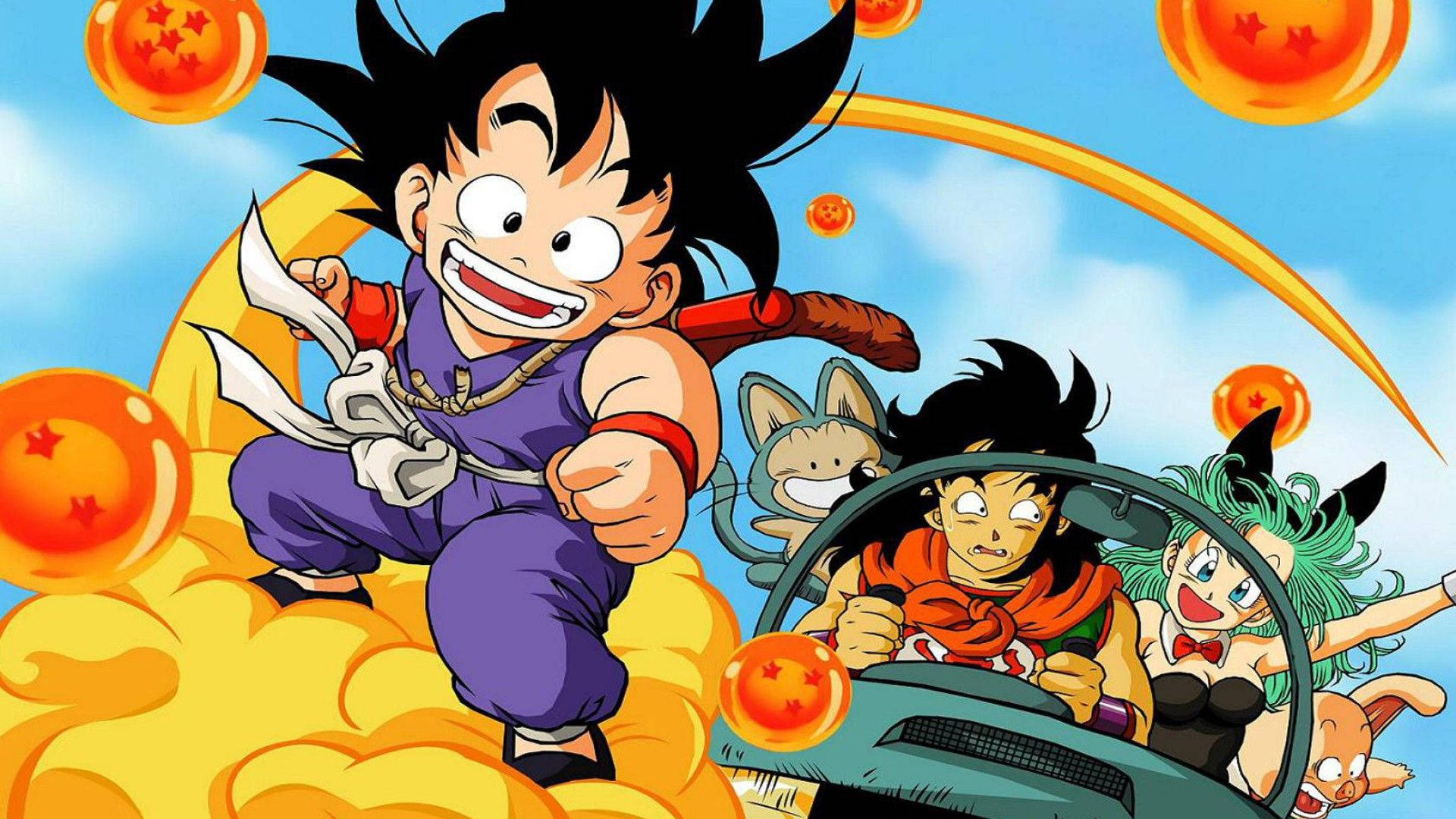 Dragon Ball Z Gohan Maronin ja hänen miehensä kanssa ajaen autoa, kun Gohan ratsastaa leijuvalla pilvellä.