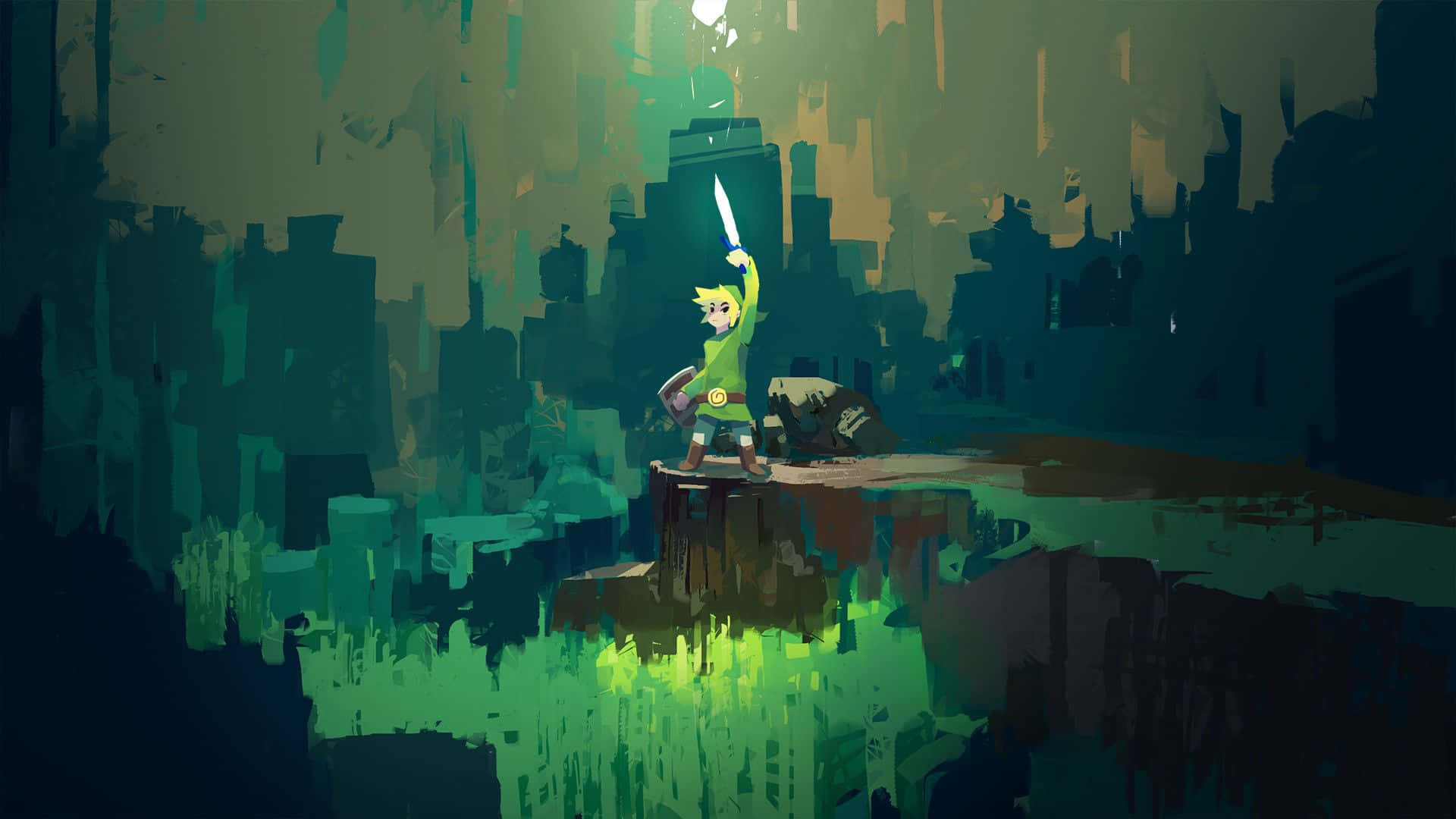 Link, nuori päähenkilö The Legend of Zeldasta, Triforce kädessä. Taustakuvat
