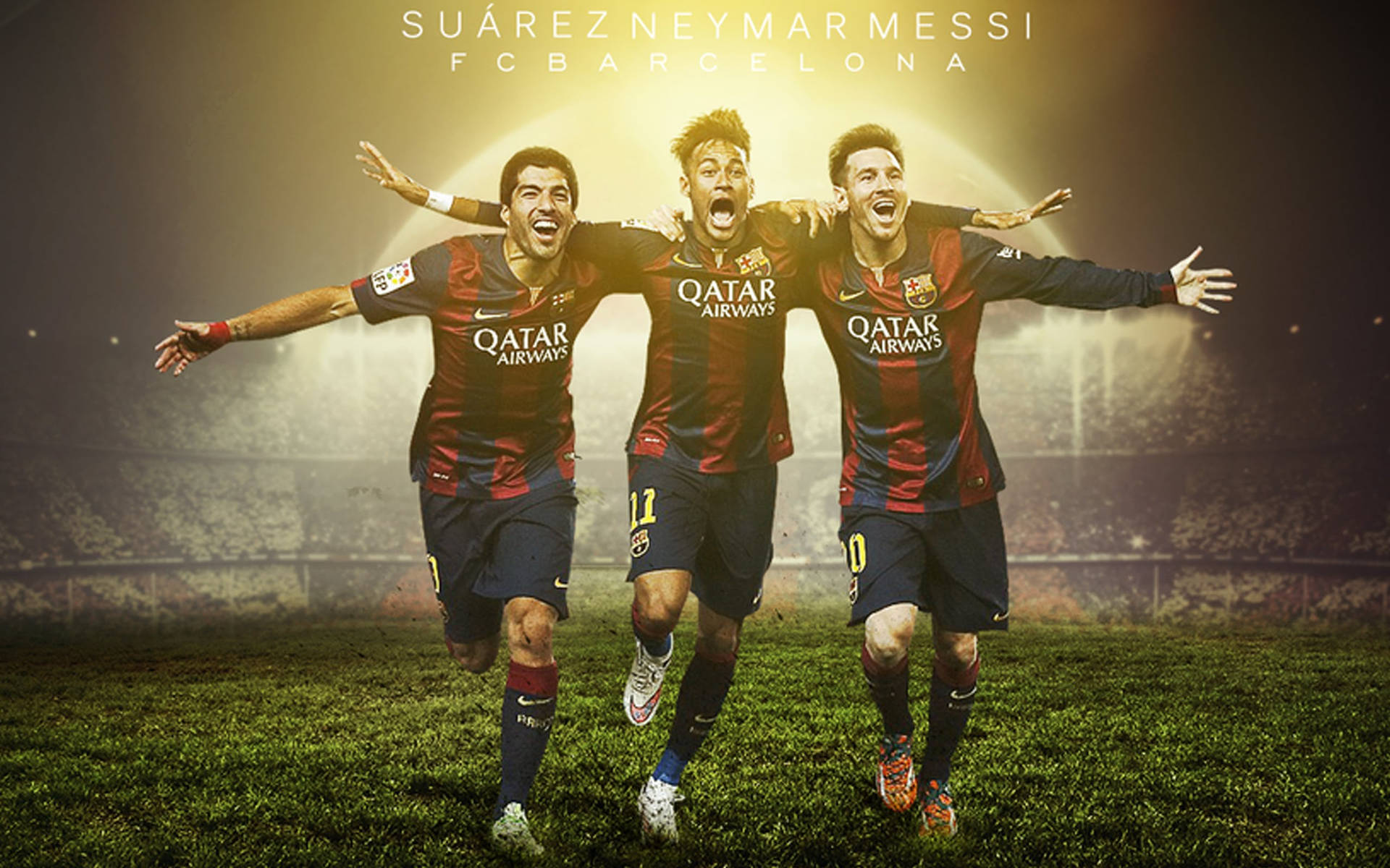 Messi Suarez Neymar -jalkapallokolmikko juoksemassa kentällä taustakuva
