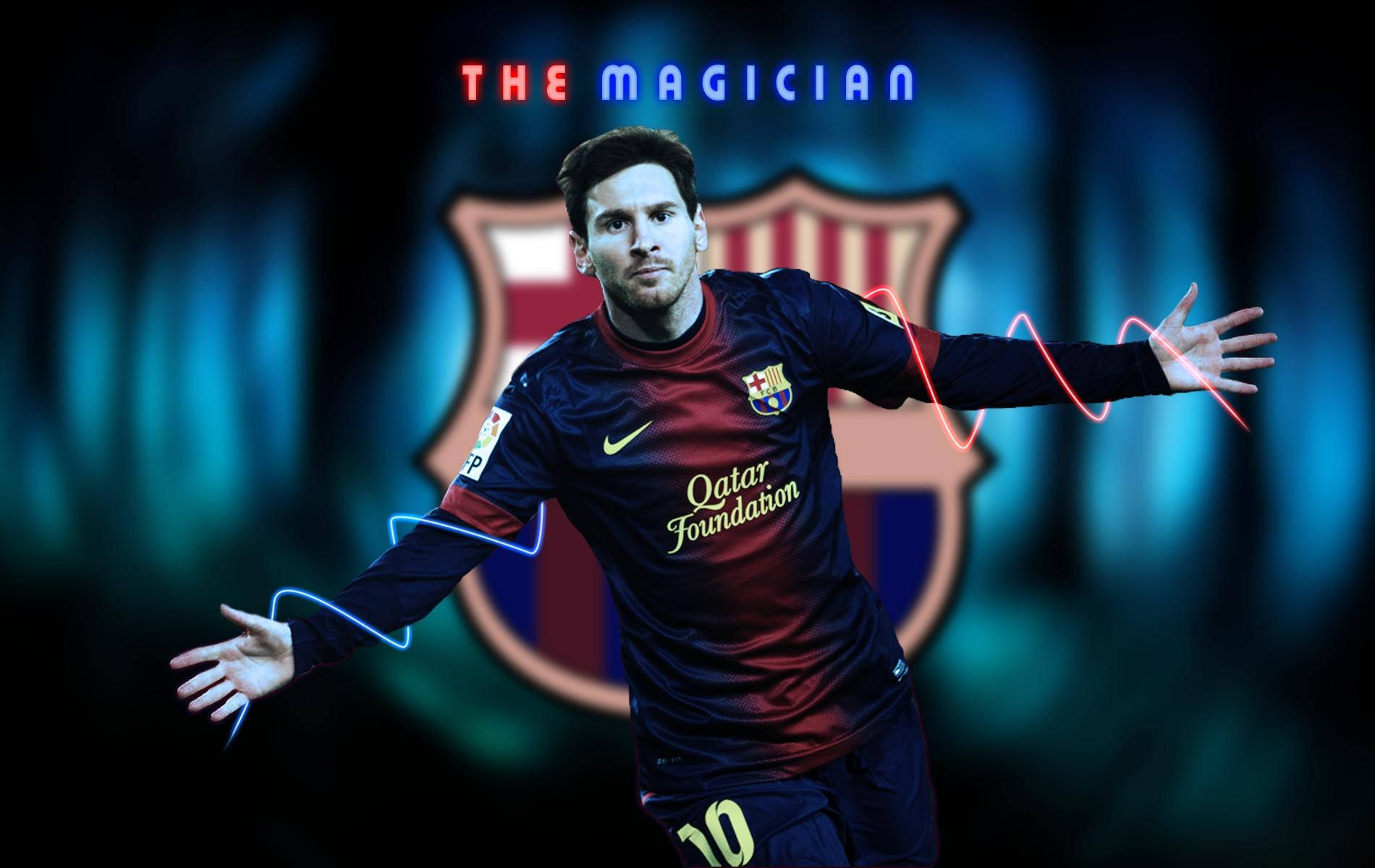 Lionel Messi The Magician -tekstillä ja FCB-logolla taustakuva