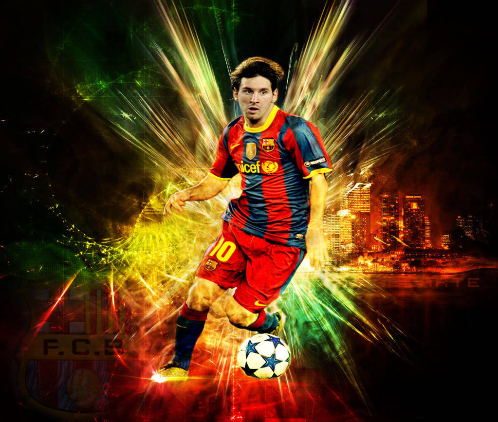 Lionel Messi kirkkaiden valojen ja kaupungin siluetin kanssa taidetta esittävä taustakuva