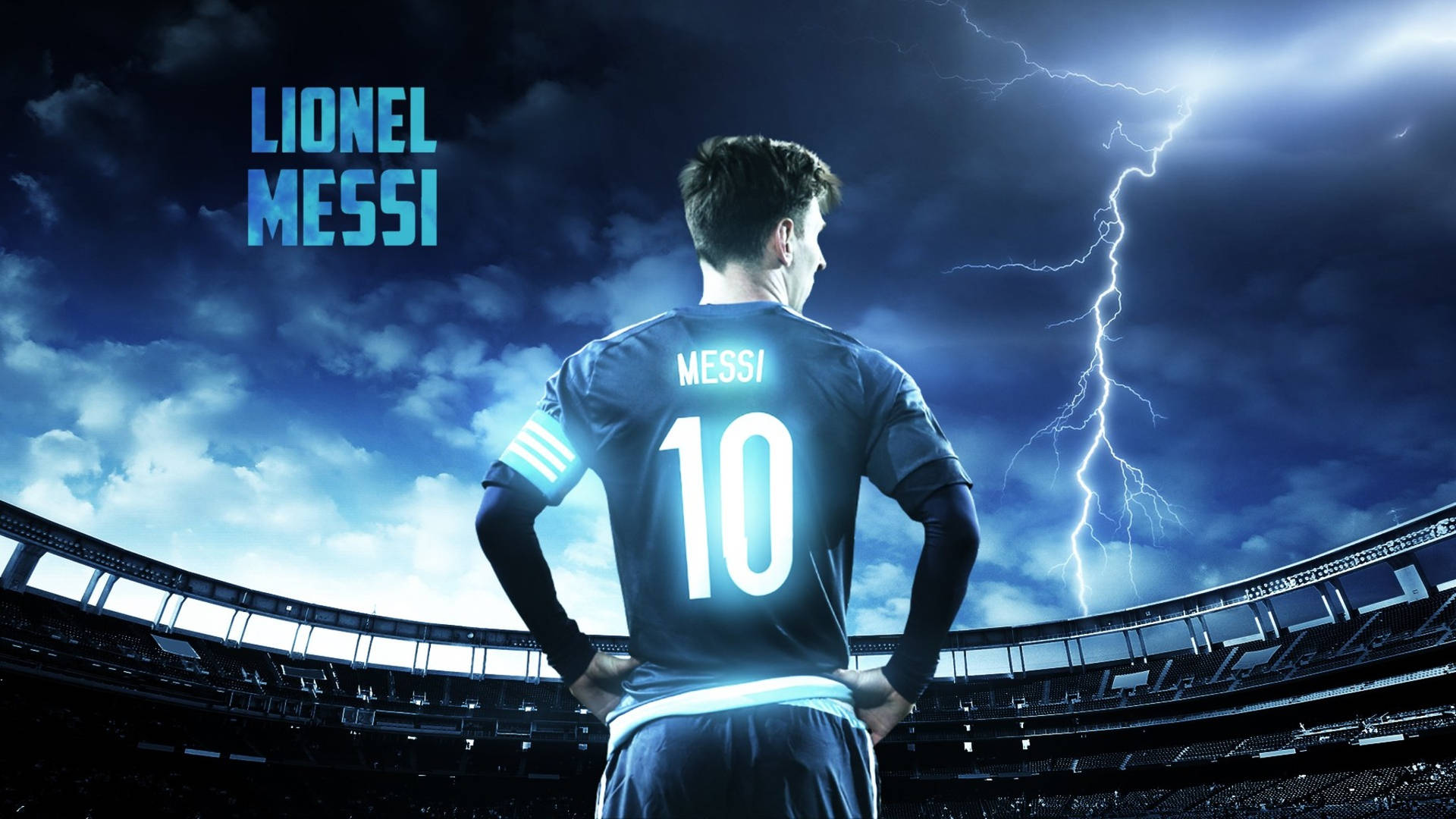 Lionel Messi stadionilla sinisen salaman taivaalla -taustakuva