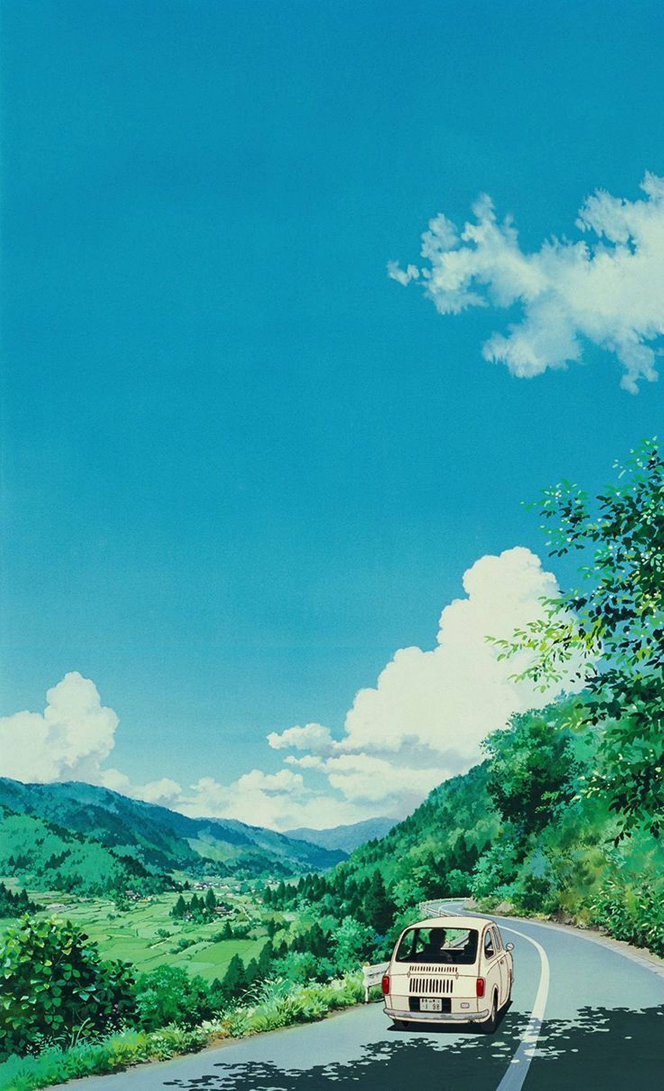 Lo Fi Anime Keltainen Auto Matkustaa Ghibli Maisema Taustakuvat