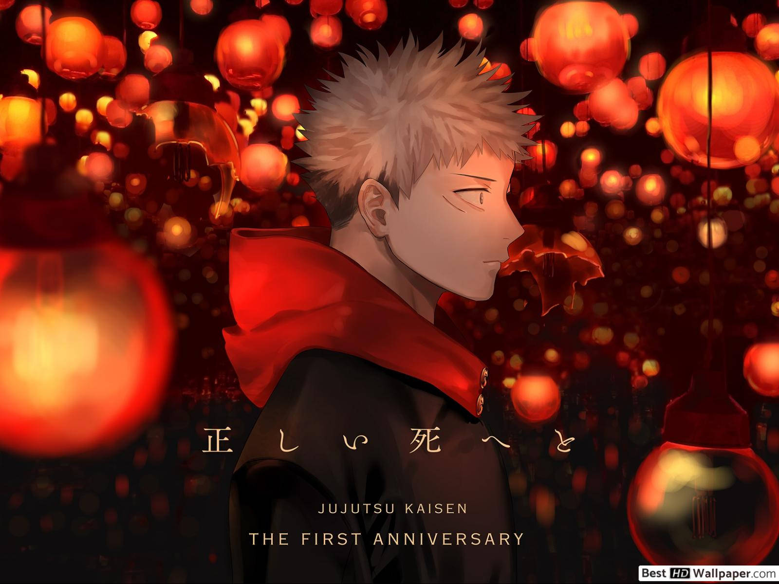 Yuji Itadori punaisten valojen kanssa Jujutsu Kaisen -anime-taustakuva