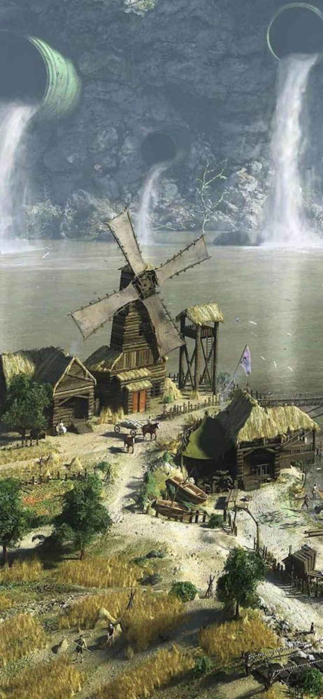 maalaus tuulimyllystä ja vesiputouksesta Taustakuvat
