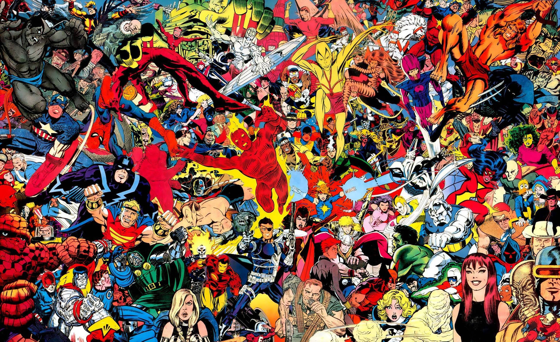 Klassinen Marvel-sarjakuva, jossa kaikki supersankarit yhdessä värikkäässä teemassa.