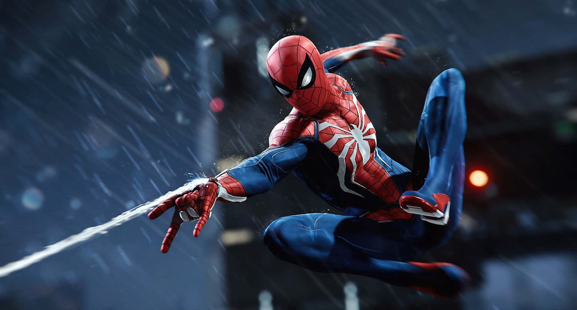 Marvel PS4 Hämähäkkimies ampuu seittiä sateessa Taustakuvat