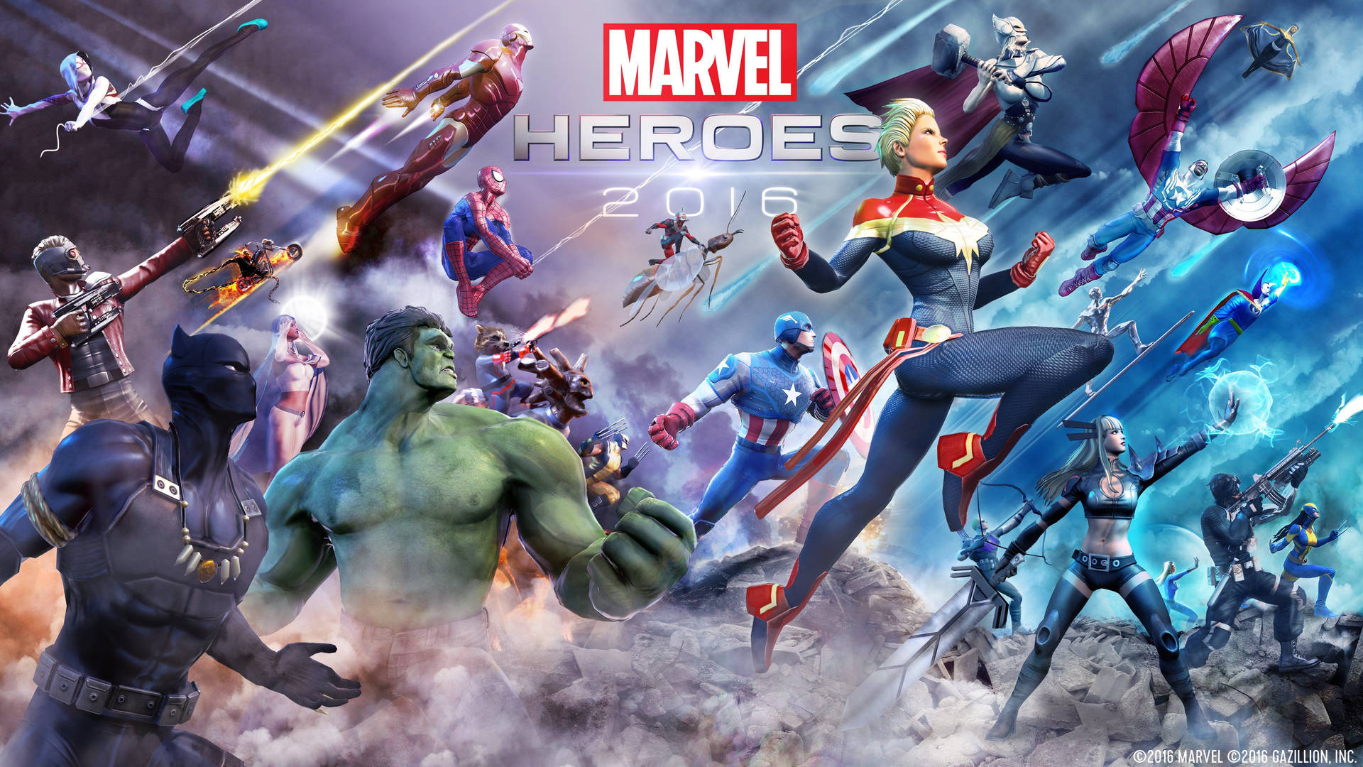 Marvel-supersankarit 2016 katsomassa ylös hyökätessään vihollisia vastaan.
