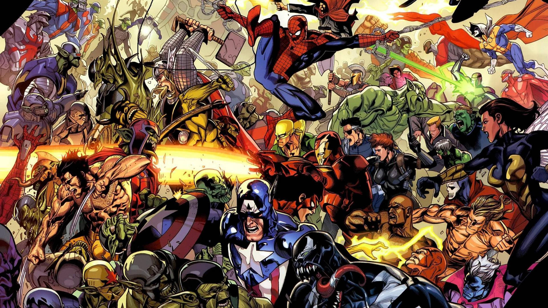 Marvel-supersankareita ja roisto yhdessä sarjakuvataustalla.
