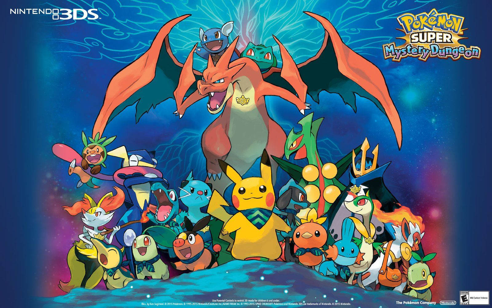 Pokemon Pikachu, Bulbasaur, Ivysaur, Charmeleon, Charizard ja Squirtle yhdessä muiden Pokemonien kanssa mysteeriluolassa.