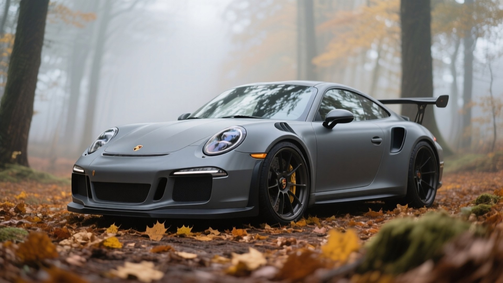 Matta harmaa Porsche 911 GT3 RS syysmetsässä — Hienot autot GIF Taustakuvat