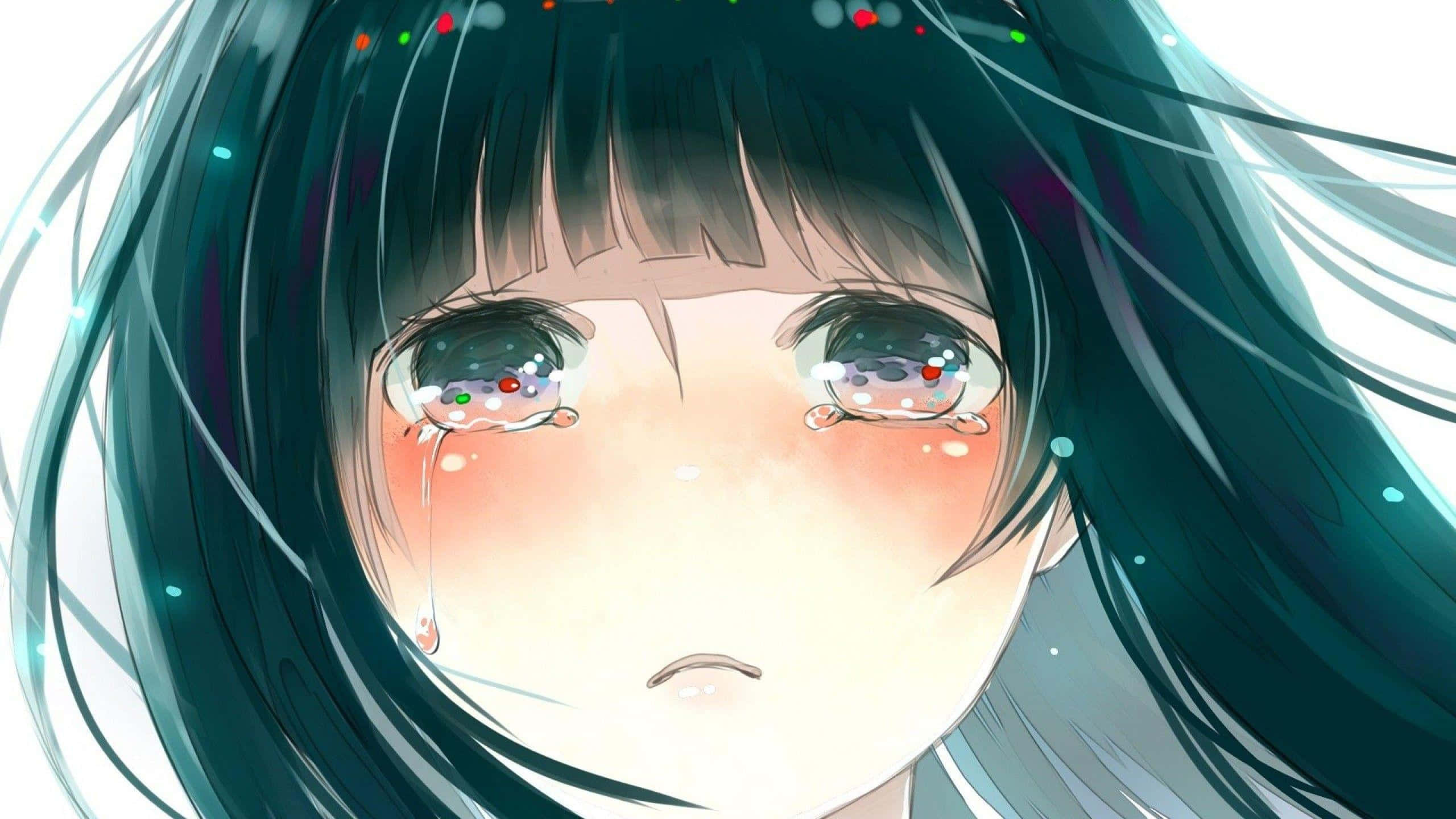Mietteliäs animehahmo istuu surullisena. Taustakuvat