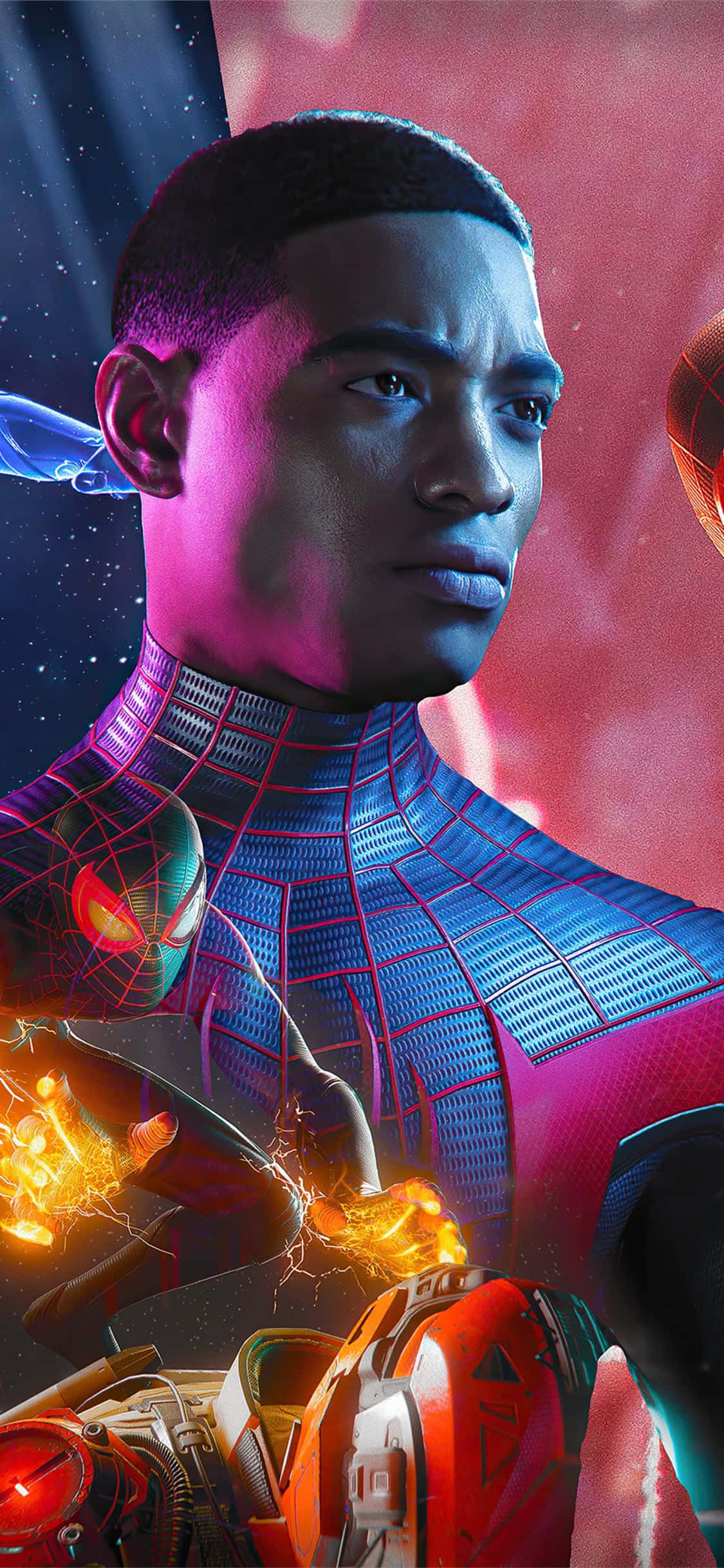 Miles Morales korkeasti arvostetusta Marvelin Spider-Man: Kohti hämähäkkijakea -elokuvasta sähkökipinöiden ympäröimänä kaupunkimaisemaa vasten Taustakuvat