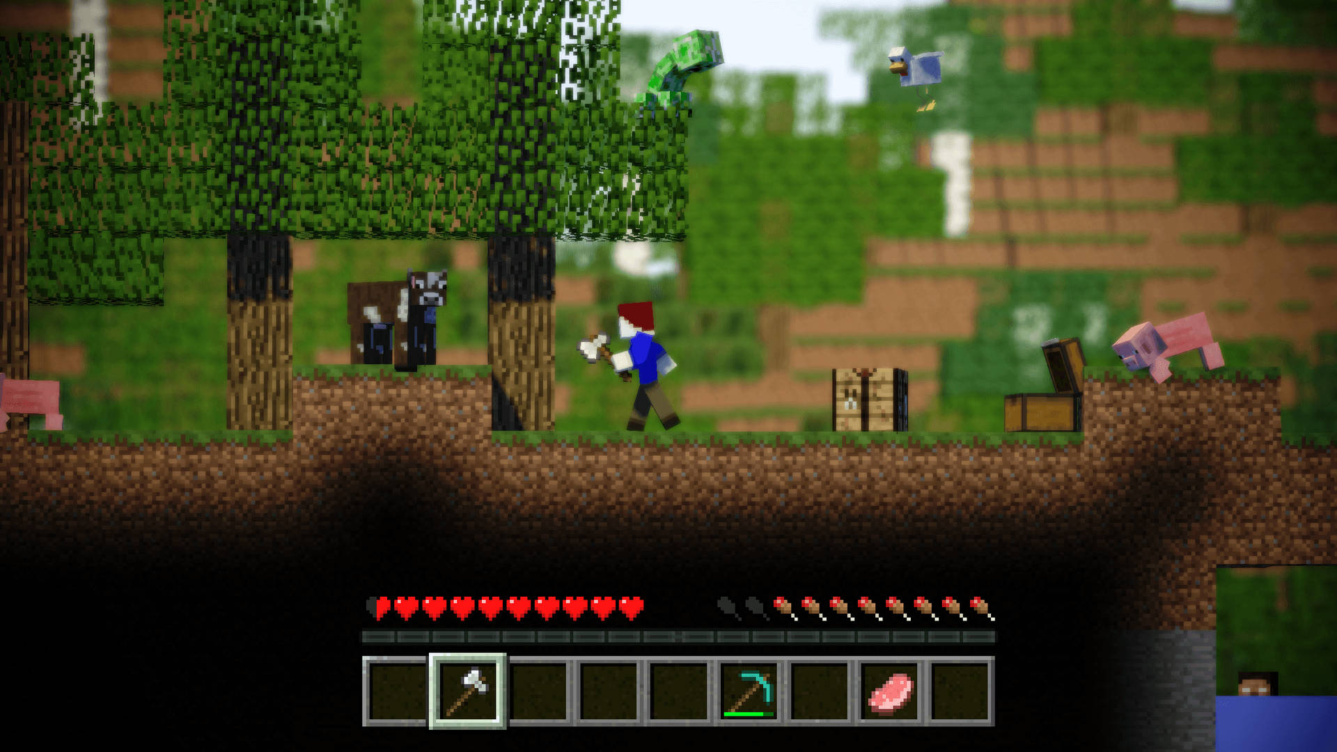Minecraft-taustakuva hahmosta 3D-grafiikkapeliasetelmassa