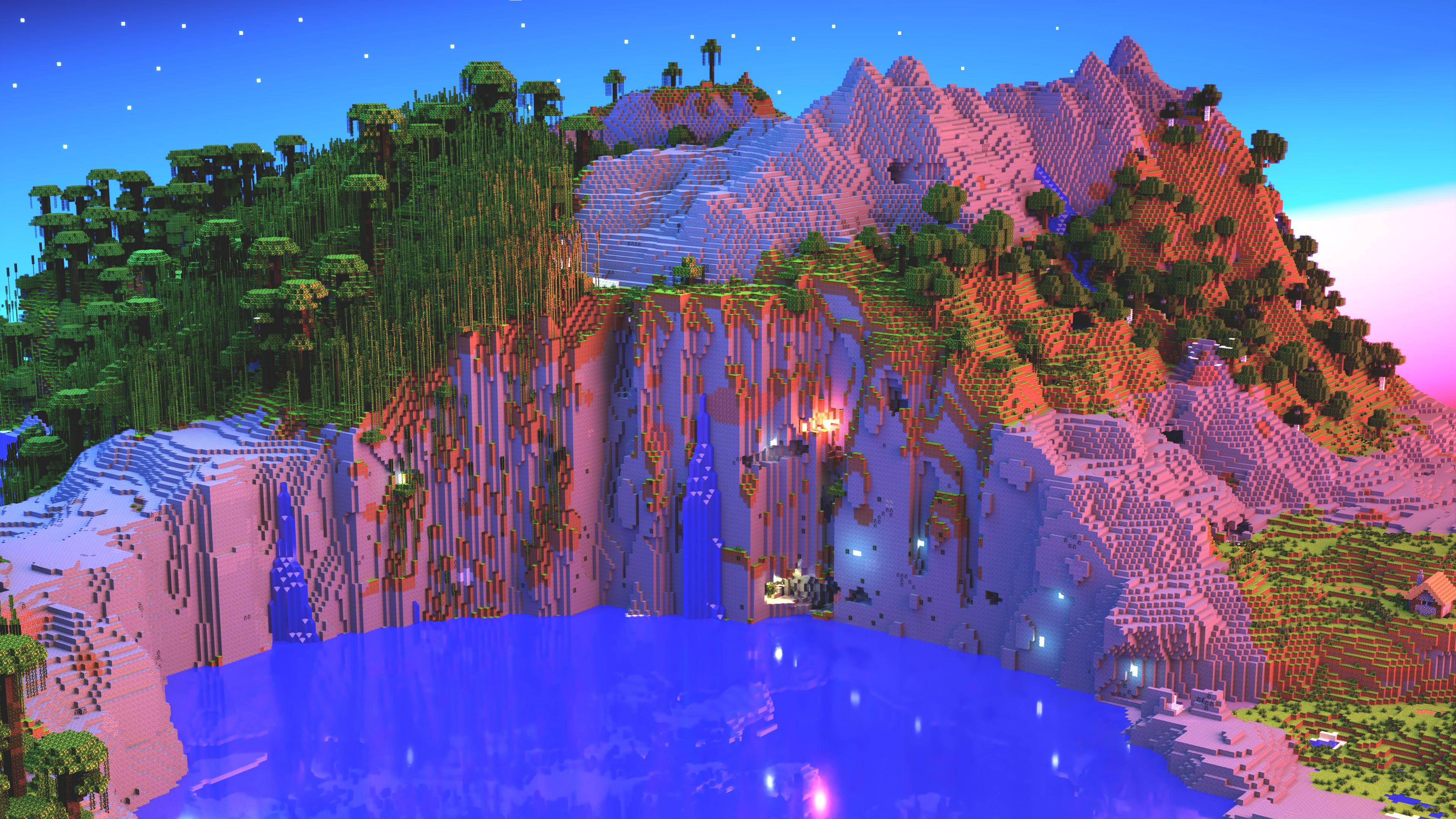 Minecraft esteettinen purppurajärvi vuori Taustakuvat