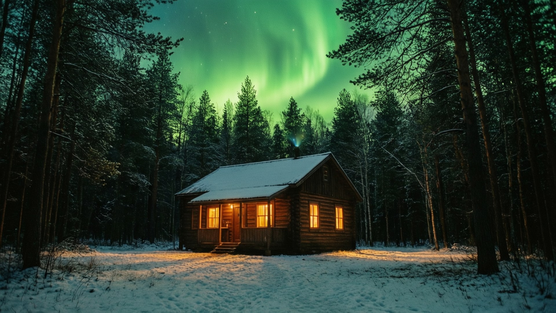 Mökki vihreässä hehkussa Taustakuvat
