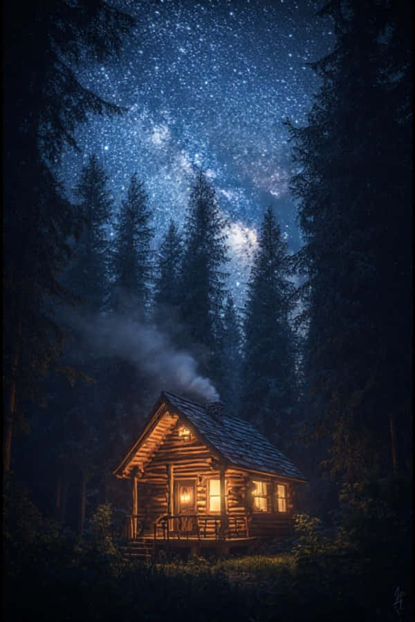 Mökki yöllä metsässä tähtitaivaan alla 4K Taustakuvat