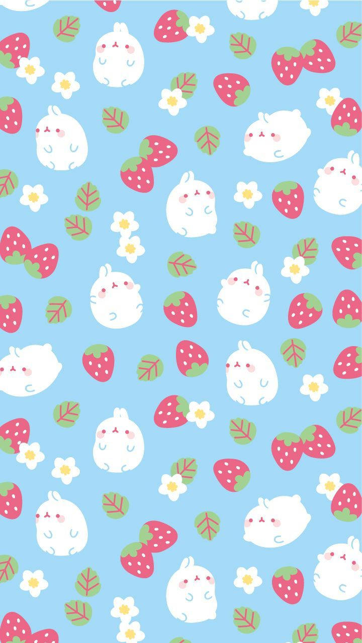 Molang nauttimassa jättimäisestä mansikasta kawaii-tyyliin Taustakuvat