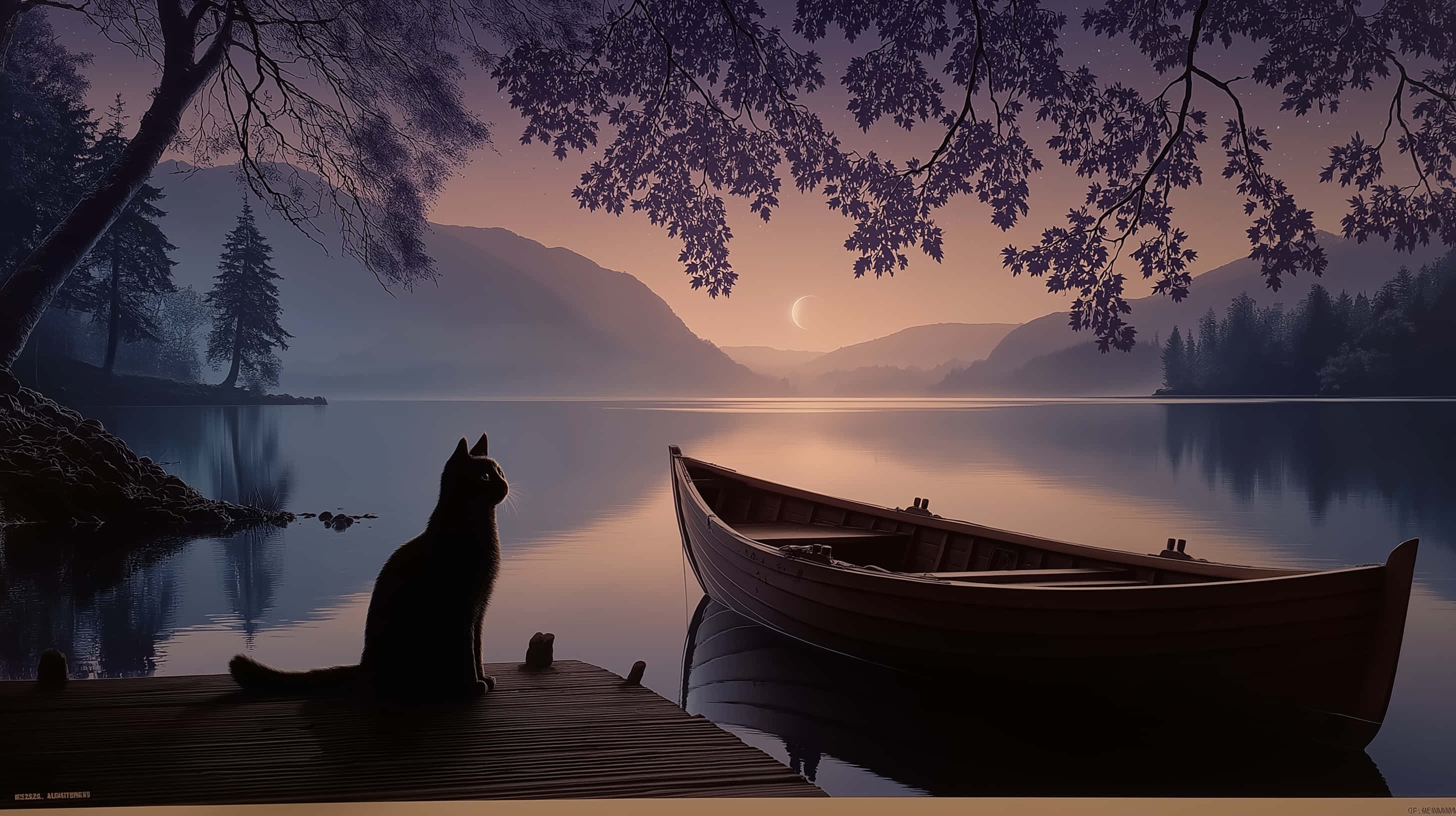 Musta kissa laiturilla järvellä mystisessä hämärässä Taustakuvat