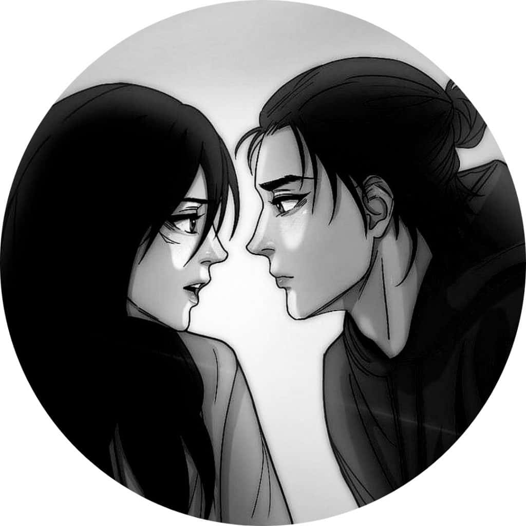 Mustavalkoinen anime-profiilikuva Mikasasta ja Erenistä Taustakuvat