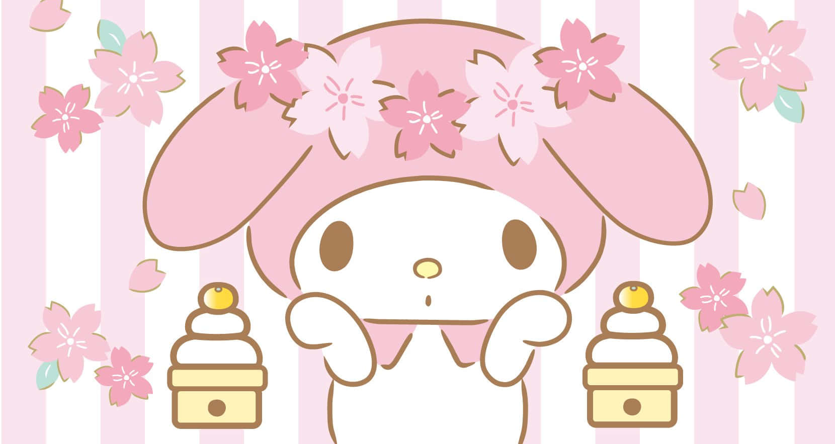 My Melody -työpöytä kakut ja vaaleanpunaiset kukat Taustakuvat