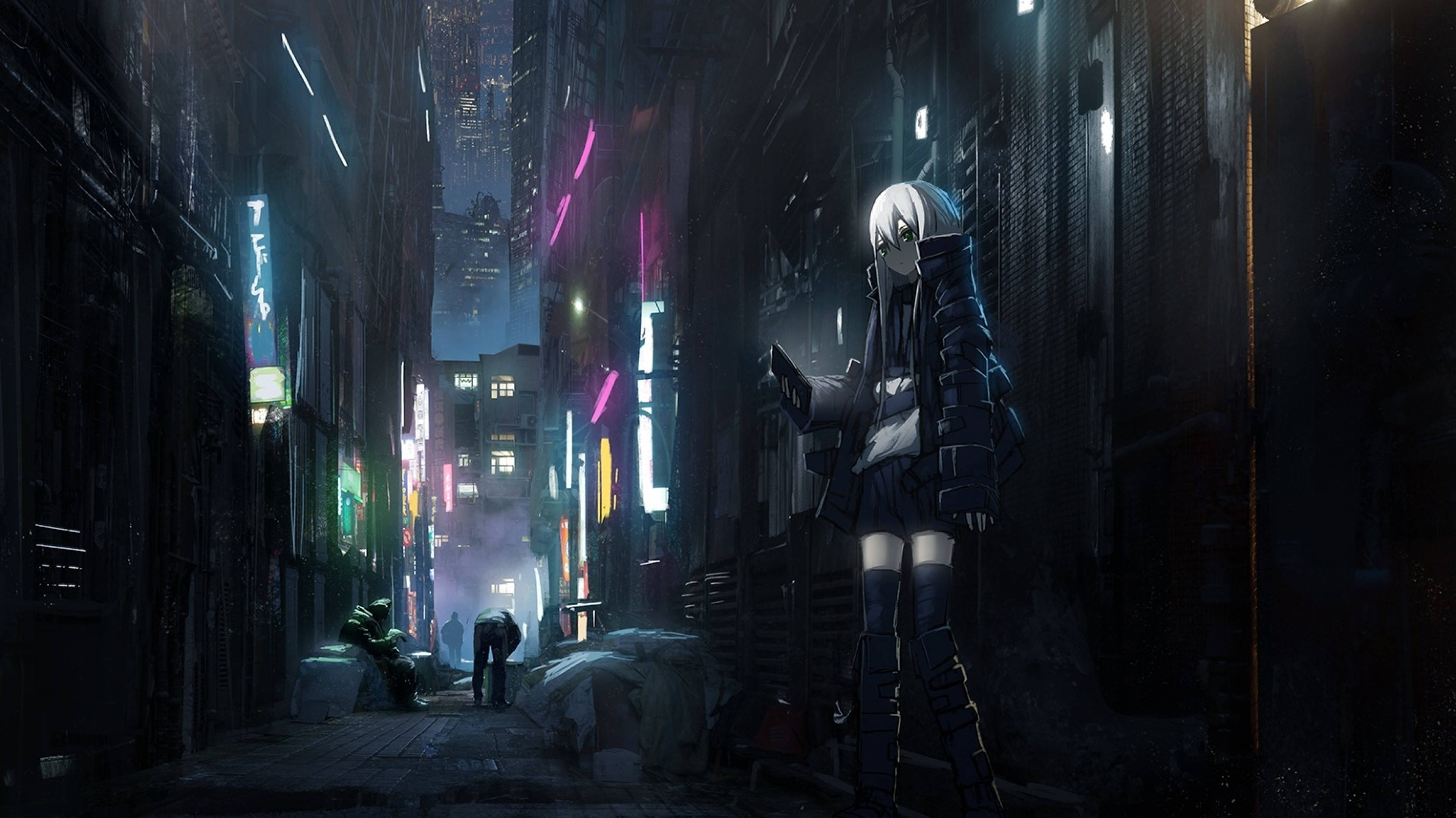 Mystinen anime-tyylinen synkkä kaupunkimaisema Taustakuvat