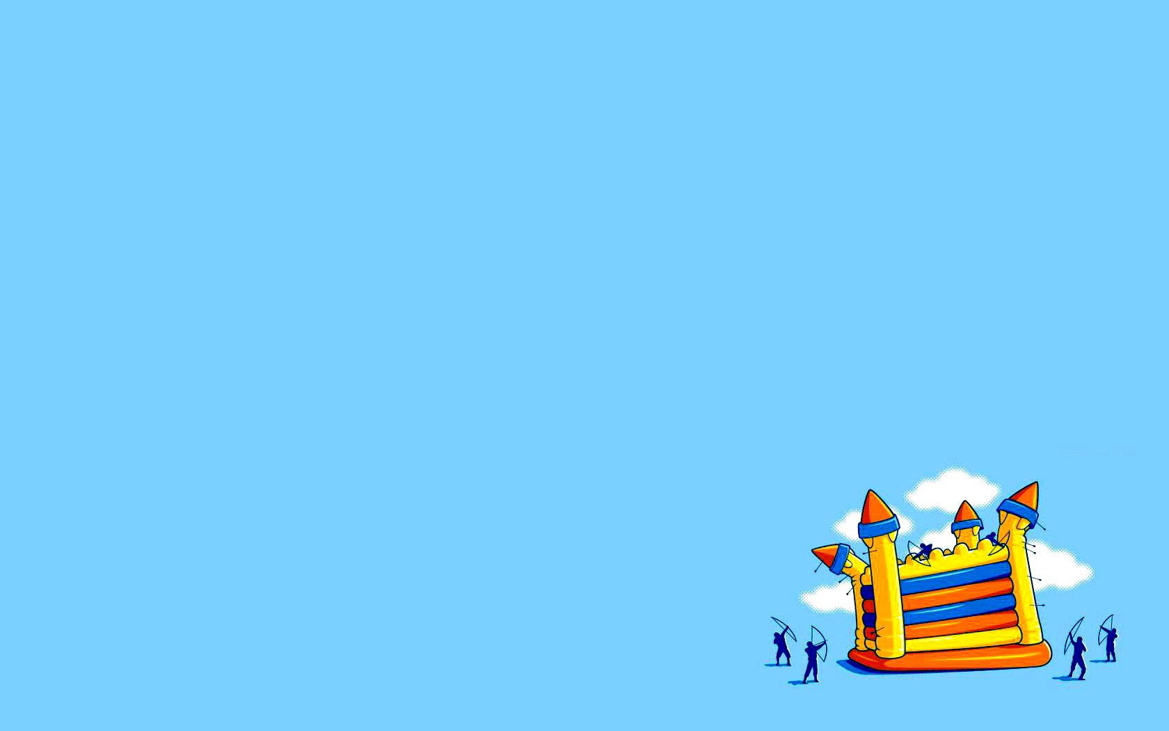 Söpö monivärinen minimalistinen sarjakuvamainen linna tasaisella taivaansinisellä taustalla.