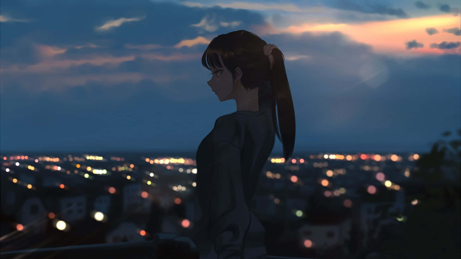 Nainen katselee yöllistä animekaupunkimaisemaa Taustakuvat