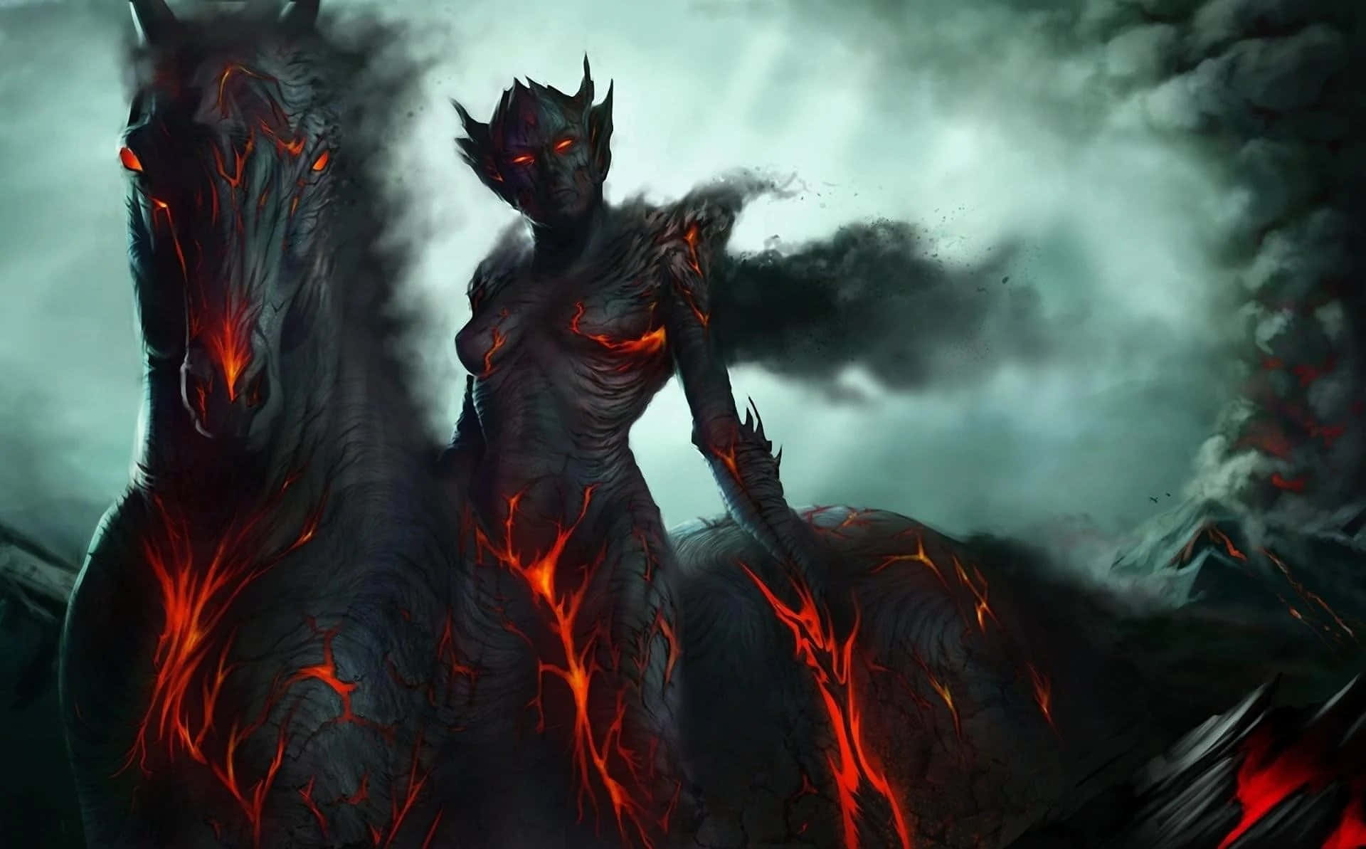 nainen ratsastaa hevosella, jolla on liekit Taustakuvat