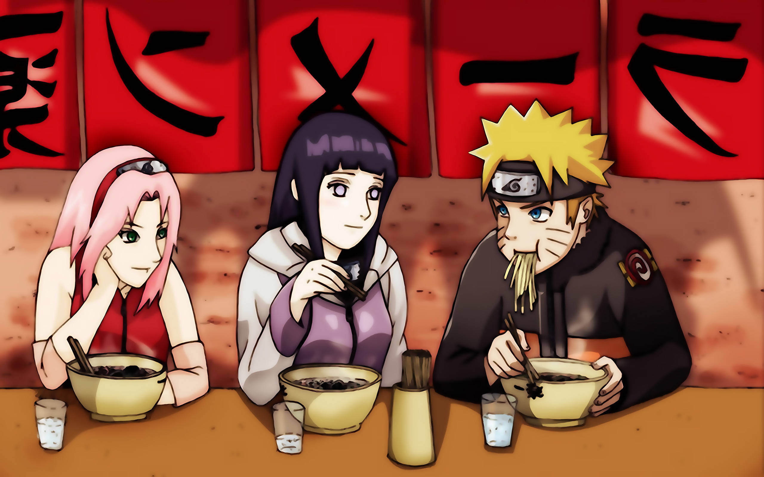 Naruto ja Hinata yhdessä Sakuran kanssa syömässä ramenia Taustakuvat