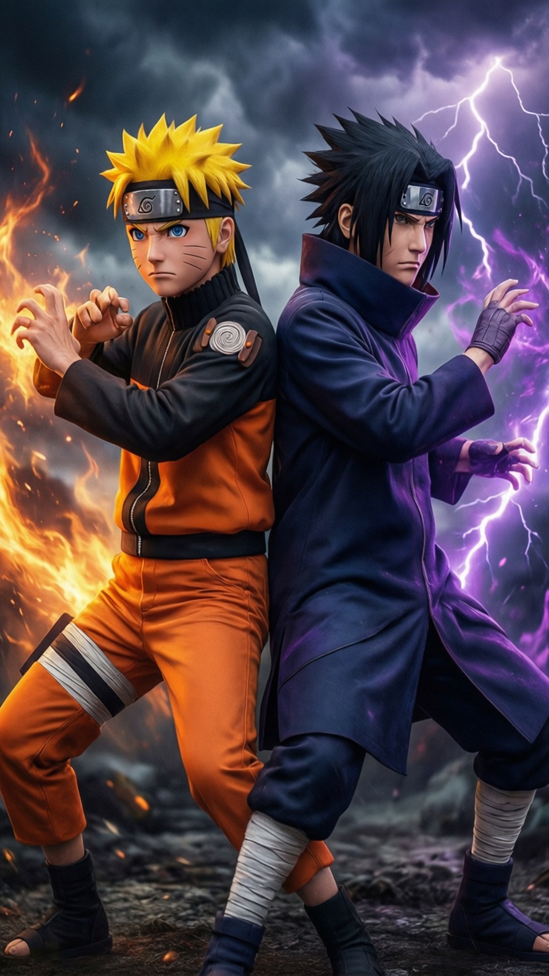 Naruto ja Sasuke selät vastakkain taisteluasennossa.