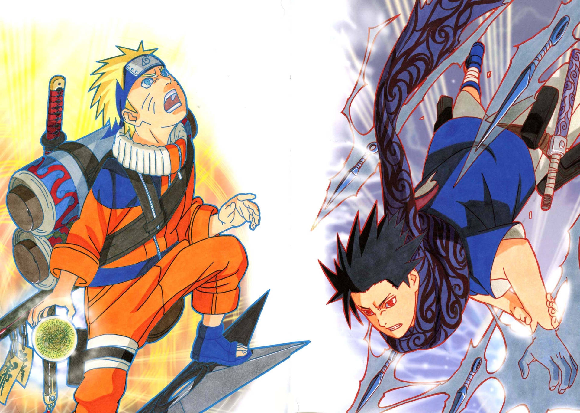 Naruto ja Sasuke chakrahajoitus shurikenin ja kunain kanssa
