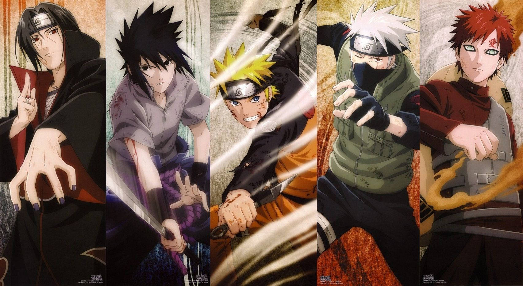 Sasuke, Naruto, Kakashi ja Gaara näyttämässä voimiaan tai chakraansa