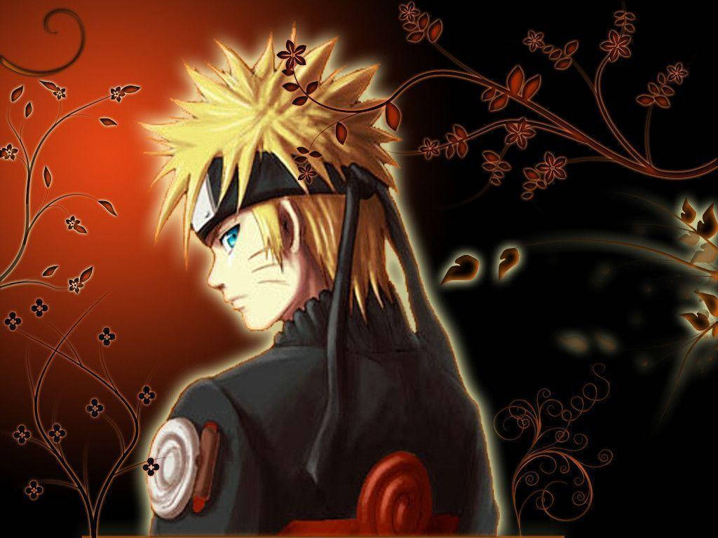 Naruto Uzumaki pukeutuneena Konoha-univormuunsa punamustalla taustalla, jossa on köynnöksiä ja kukkia.