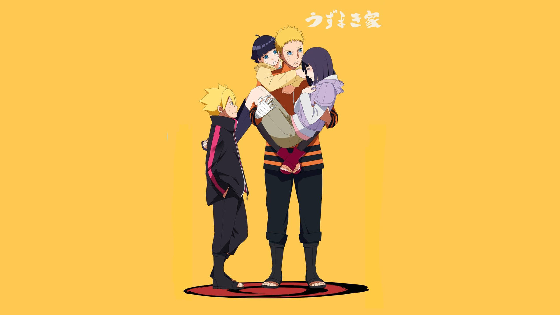 Aikuinen Naruto kantaa Hinataa heidän lastensa kanssa.